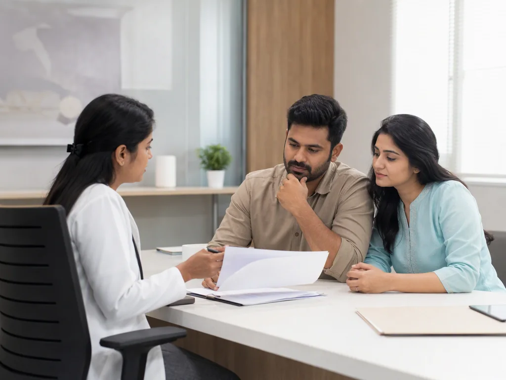 Representative Indian couple discussing a healthcare estimate