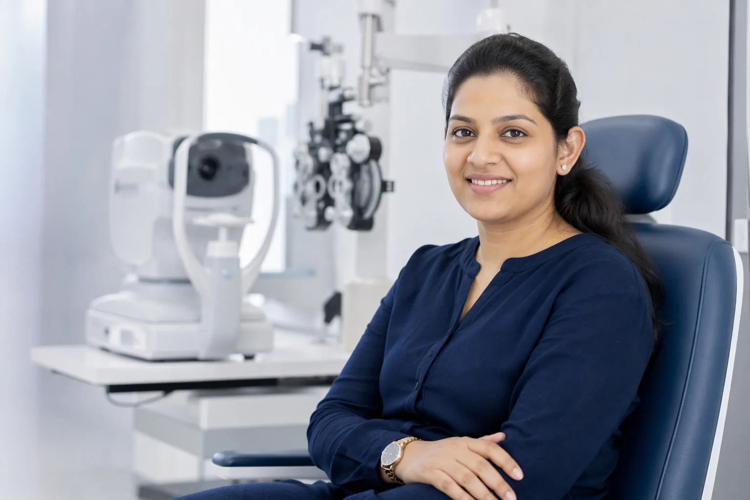 Illustrative person in an eye examination room