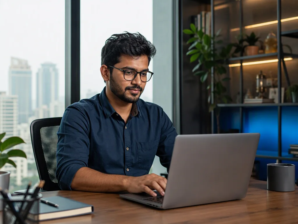 Representative Indian professional wearing eyeglasses at a workspace