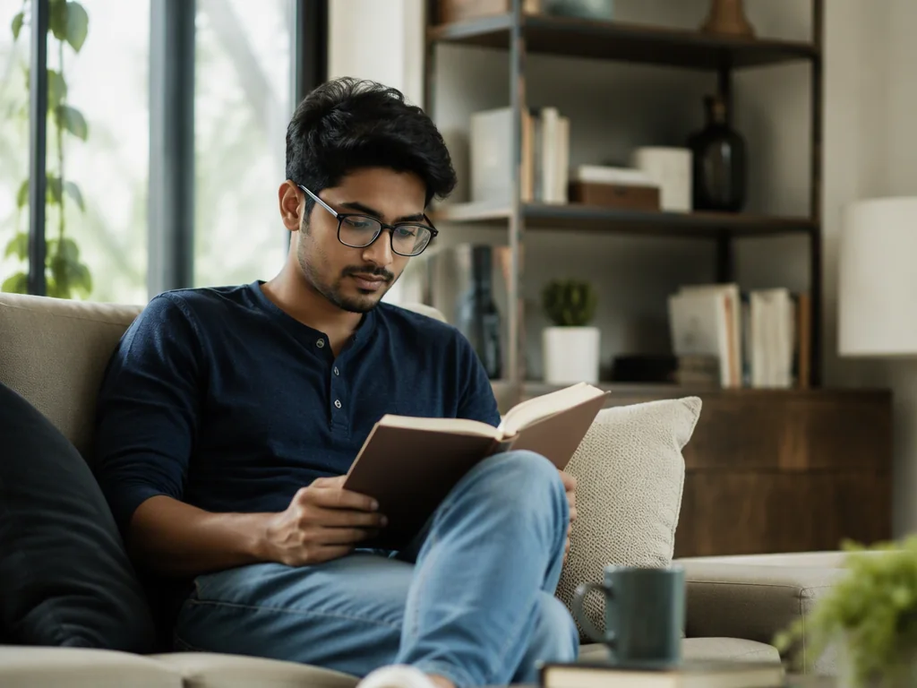 Representative Indian young adult reading at home